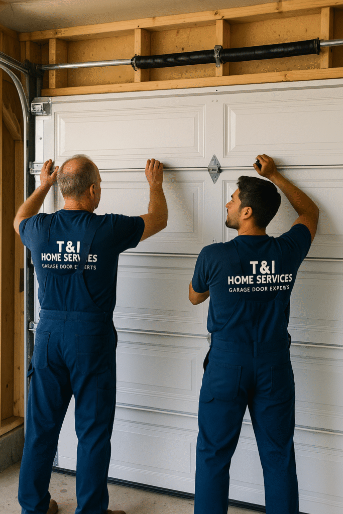 Professional technicians installing a new residential garage door in Pennsylvania