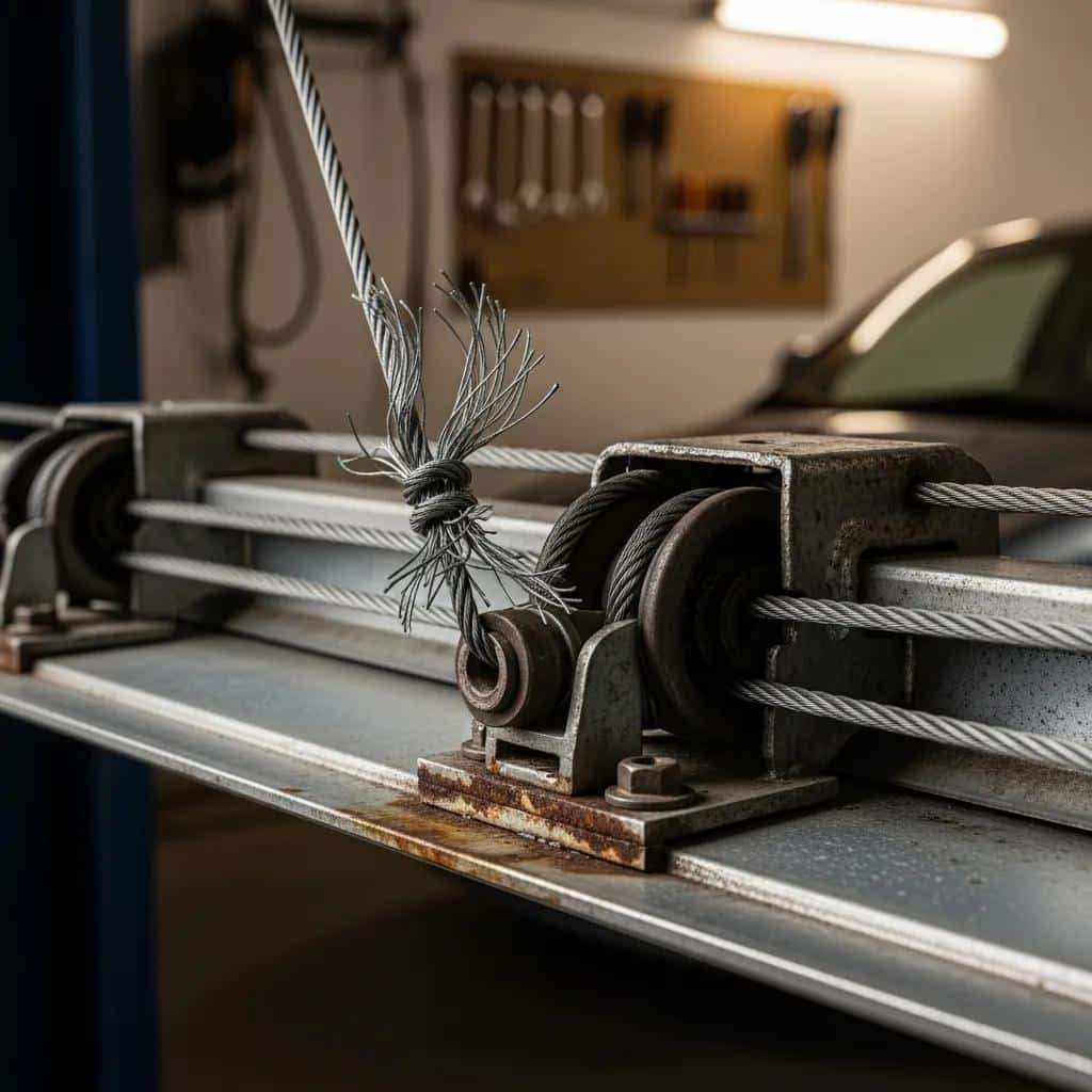 Close-up of a malfunctioning garage door with frayed cables and misaligned tracks