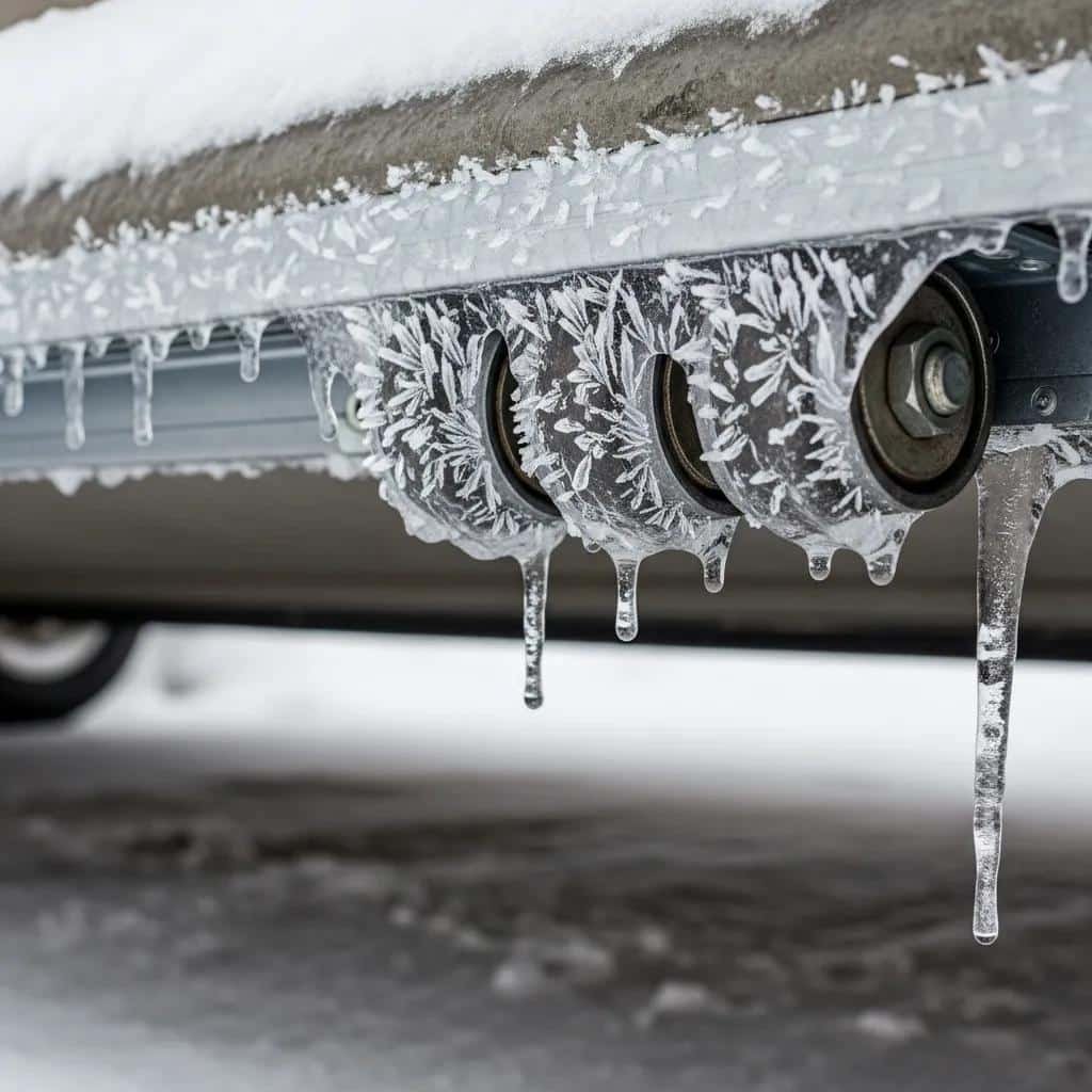 Frozen garage door track with ice buildup, highlighting winter maintenance issues