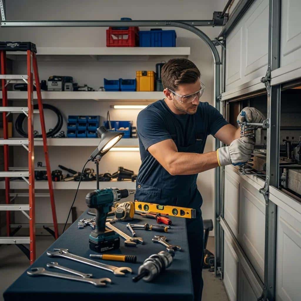 Garage door repair technician working on a garage door with tools and safety equipment