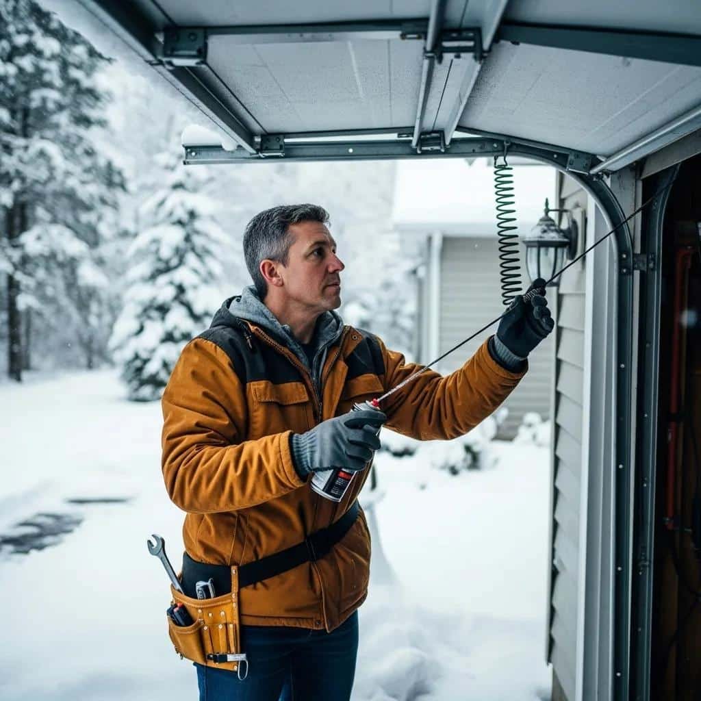 Homeowner inspecting garage door components for winter maintenance
