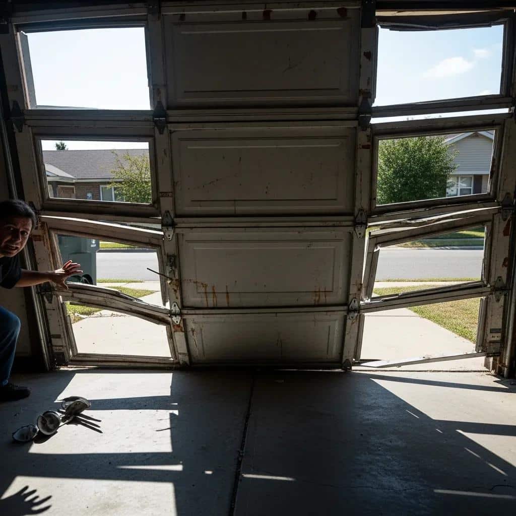 Uneven garage door movement with visible gaps and misalignment in a residential garage