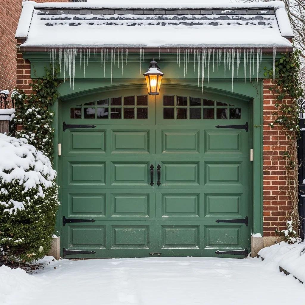 Winter garage door in Philadelphia neighborhood, showcasing maintenance and safety